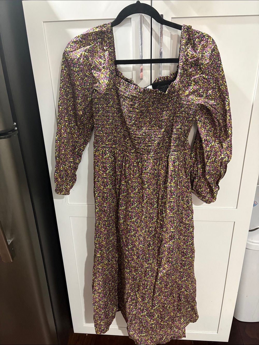 J. Crew Purple Floral Smocked Midi Dress with Puff Sleeves